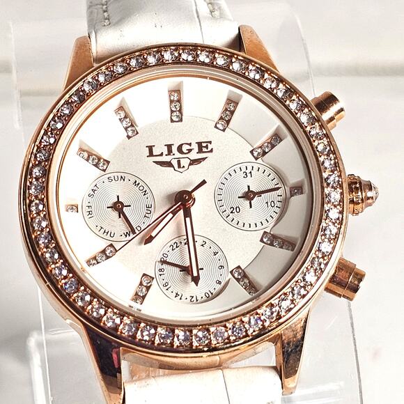 LIGE Women’s Quartz Watch White Band Rose Gold 34mm Case Crystals Works, Tested - Picture 2 of 13